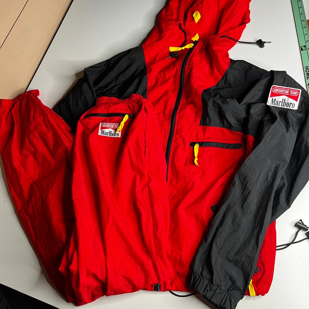 Vintage Marlboro Adventure Team Red Black Nylon Tracksuit Set Mens Large 90s
